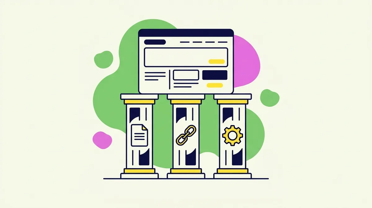 Ilustrasi tiga pilar SEO, yaitu on-page, off-page, dan technical SEO, menopang sebuah halaman web
