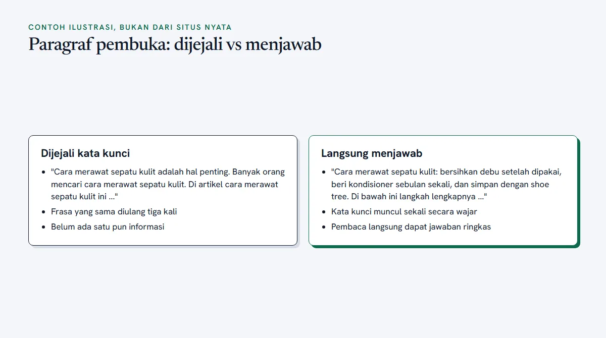 Diagram perbandingan paragraf pembuka artikel yang dijejali kata kunci dan paragraf yang langsung menjawab pertanyaan