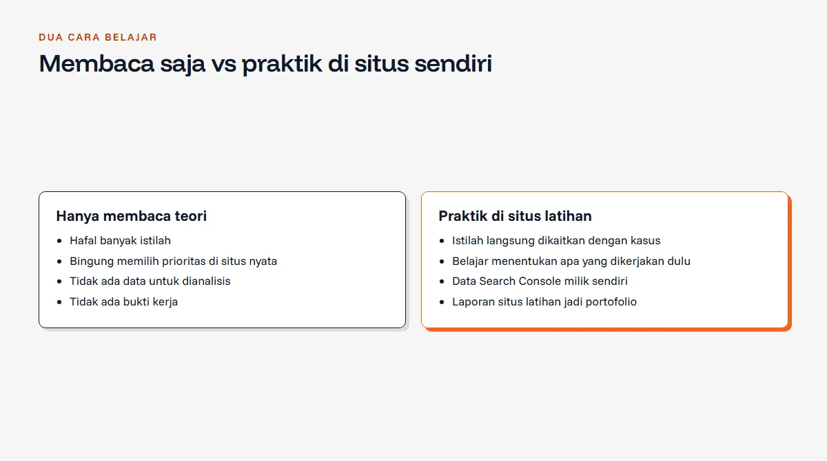 Diagram perbandingan dua cara belajar SEO: hanya membaca teori dan belajar sambil praktik di situs sendiri