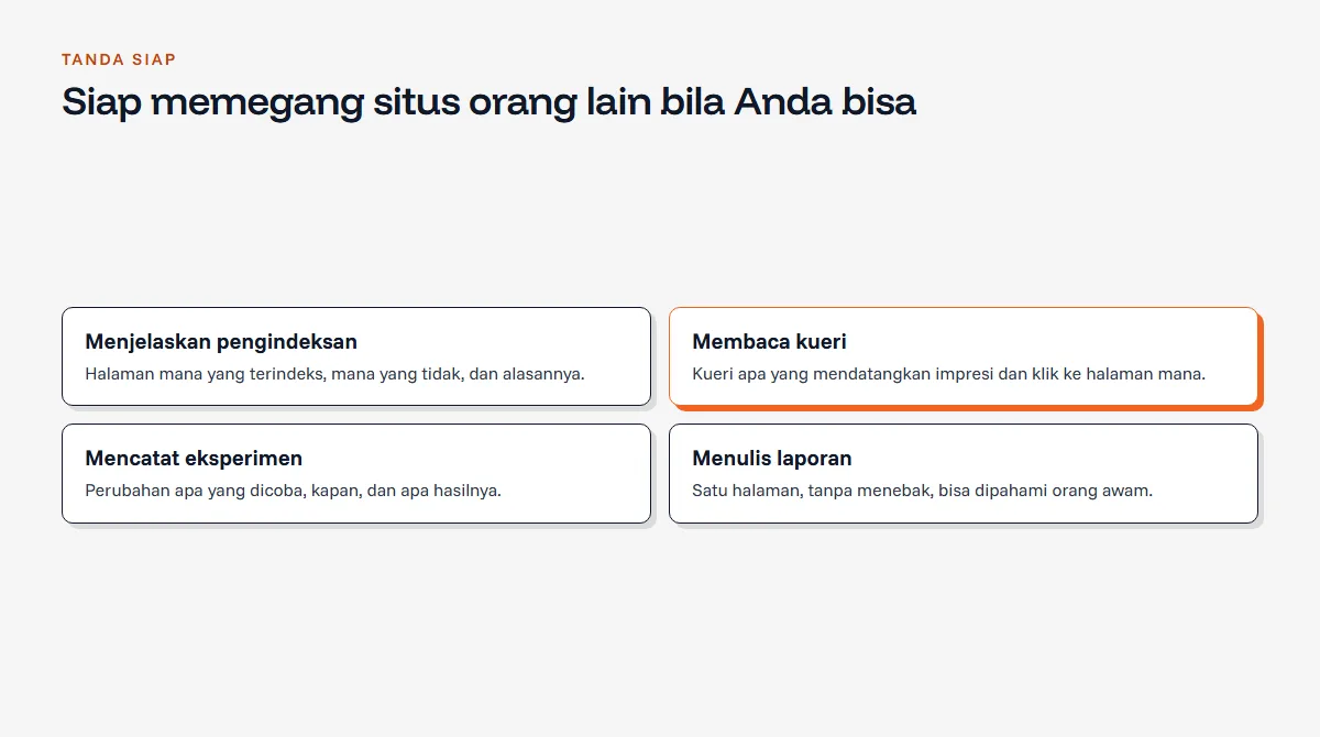 Diagram empat kartu tanda siap menangani situs orang lain: bisa menjelaskan pengindeksan, membaca kueri, mencatat eksperimen, dan menulis laporan
