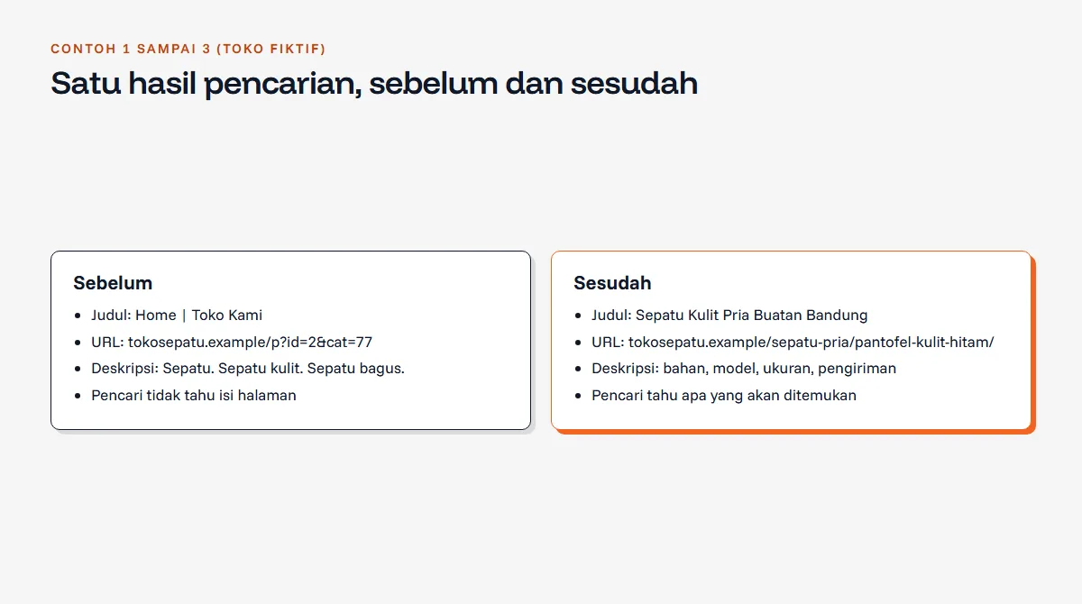 Diagram perbandingan hasil pencarian sebelum dan sesudah optimasi: sebelum berjudul Home dengan URL berisi angka acak, sesudah berjudul deskriptif tentang sepatu kulit pria dengan URL yang bisa dibaca