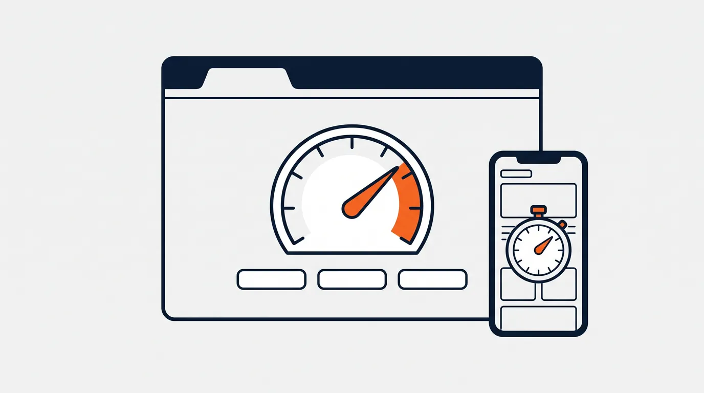Ilustrasi garis: jendela browser berisi pengukur kecepatan besar dengan jarum di ujung tinggi dan tiga bilah kosong, di sampingnya ponsel dengan stopwatch