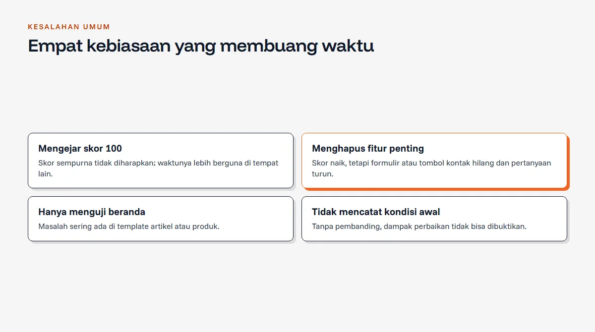 Diagram empat kartu kesalahan umum memakai PageSpeed Insights: mengejar skor 100, hanya menguji beranda, menghapus fitur penting, dan tidak mencatat kondisi awal