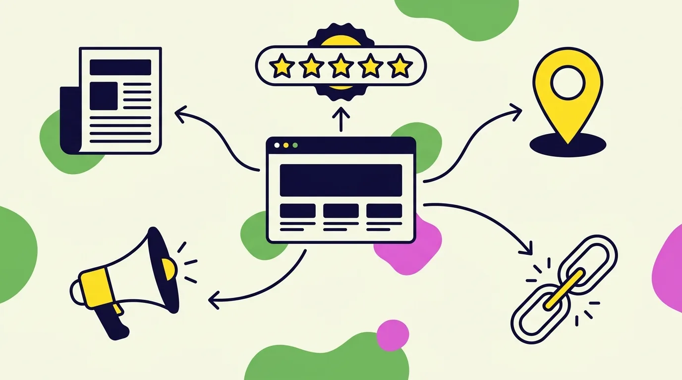 Ilustrasi website yang terhubung ke backlink, ulasan, media, dan peta