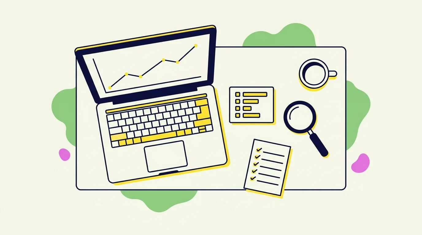 Ilustrasi meja kerja SEO specialist dengan grafik trafik organik dan daftar kata kunci