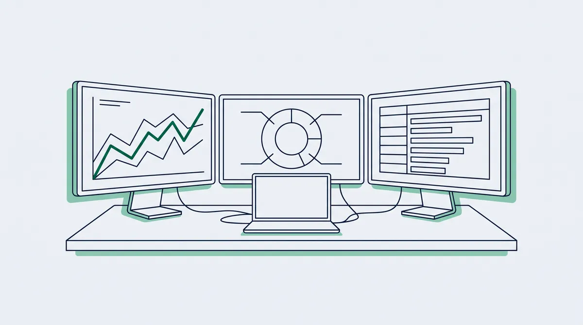 Ilustrasi tiga layar monitor berisi grafik garis, grafik donat, dan tabel yang tersambung ke satu laptop
