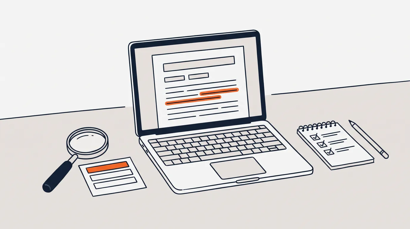 Ilustrasi garis: laptop di atas meja menampilkan halaman dokumen dengan judul, subjudul, dan paragraf, satu baris disorot oranye, kaca pembesar di atas kartu daftar kata kunci, serta catatan berisi tiga centang dan sebatang pensil